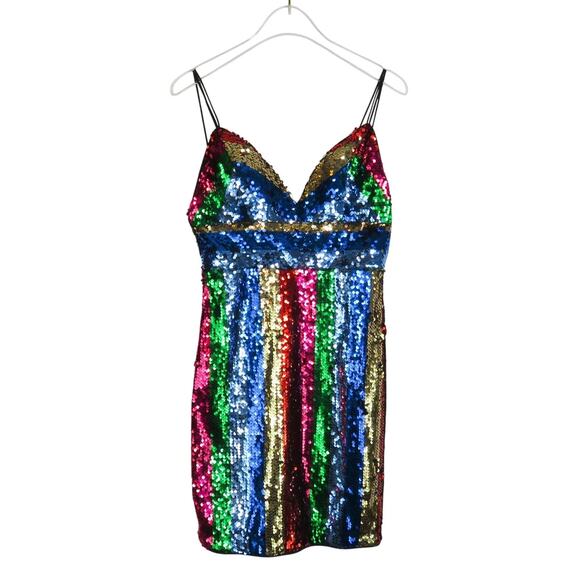Revolve ENTRY Multicolor Rainbow Sequin Cocktail Mini Dress Small Party Club - Picture 2 of 8